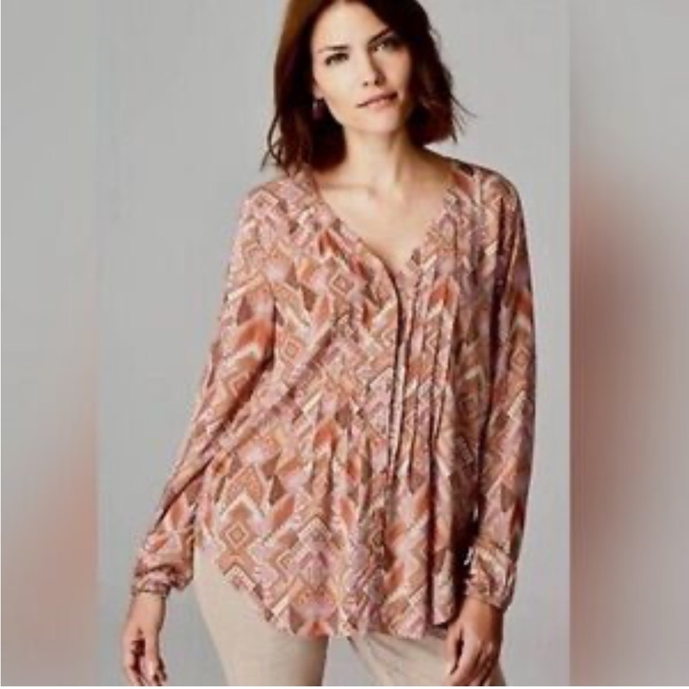 J. Jill Geometric V-Neck Covered Button Down Pleated Blouse sz XL